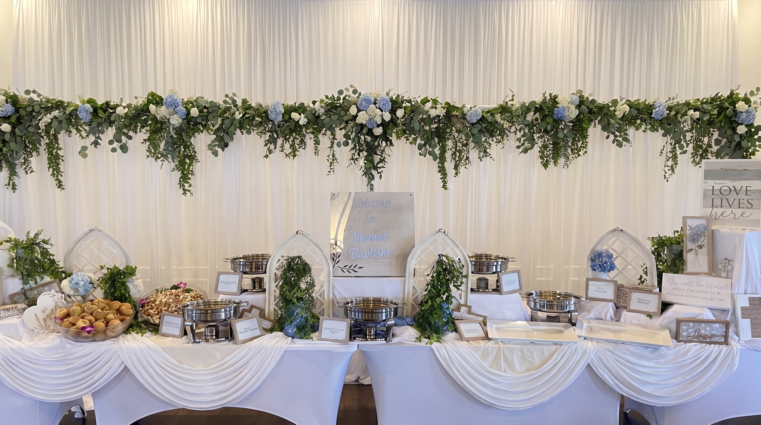 Event photo from Blue & White Garden Dinner by Poppin Social: 01 Thomas Baptism Buffet Hero.