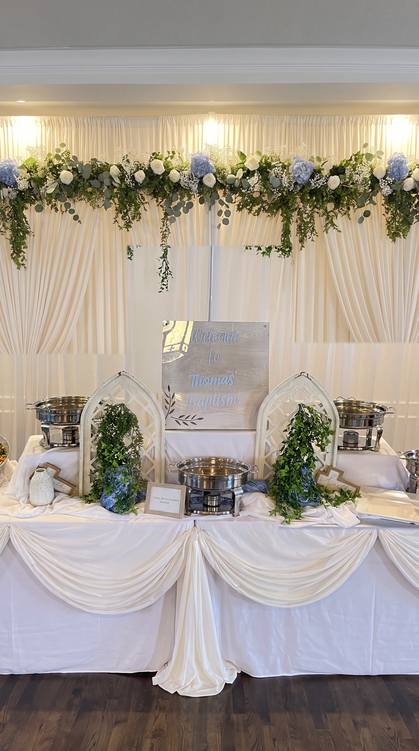 Event photo from Blue & White Garden Dinner by Poppin Social: 02 Thomas Baptism Central Buffet Matched.