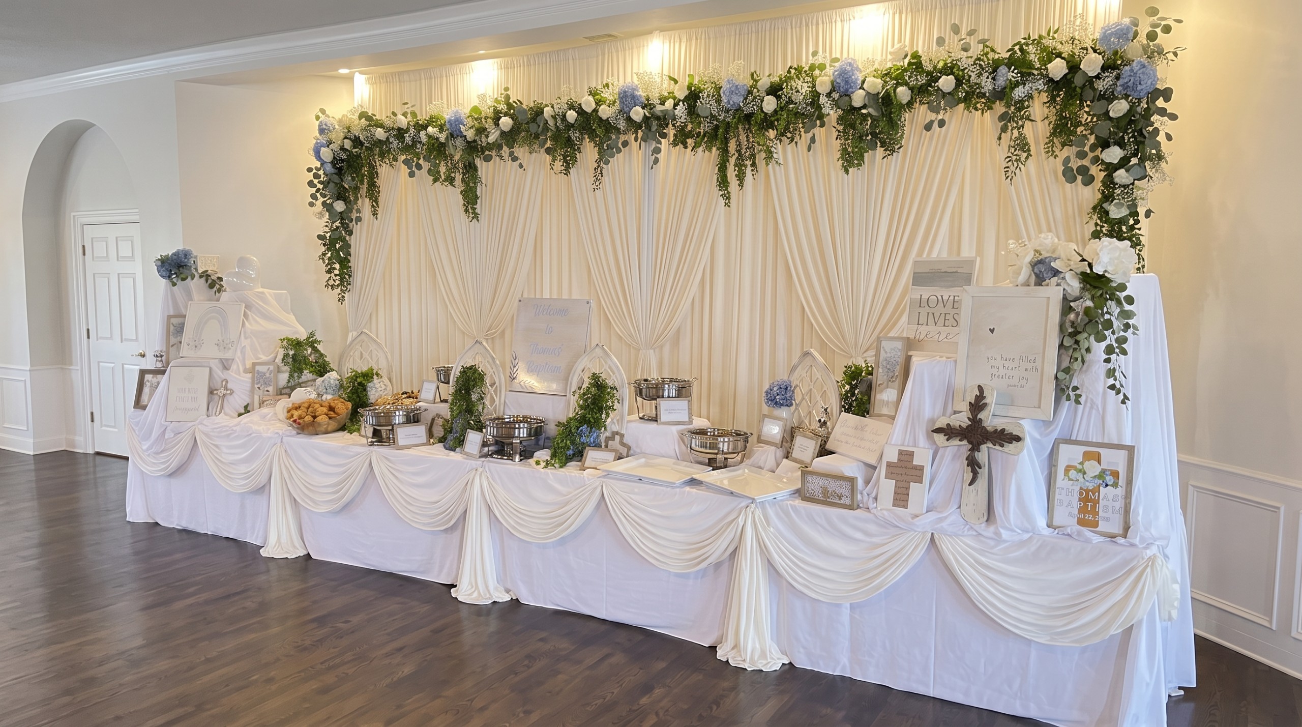 Event photo from Blue & White Garden Dinner by Poppin Social: 01 Thomas Baptism Buffet Angle Seamless.