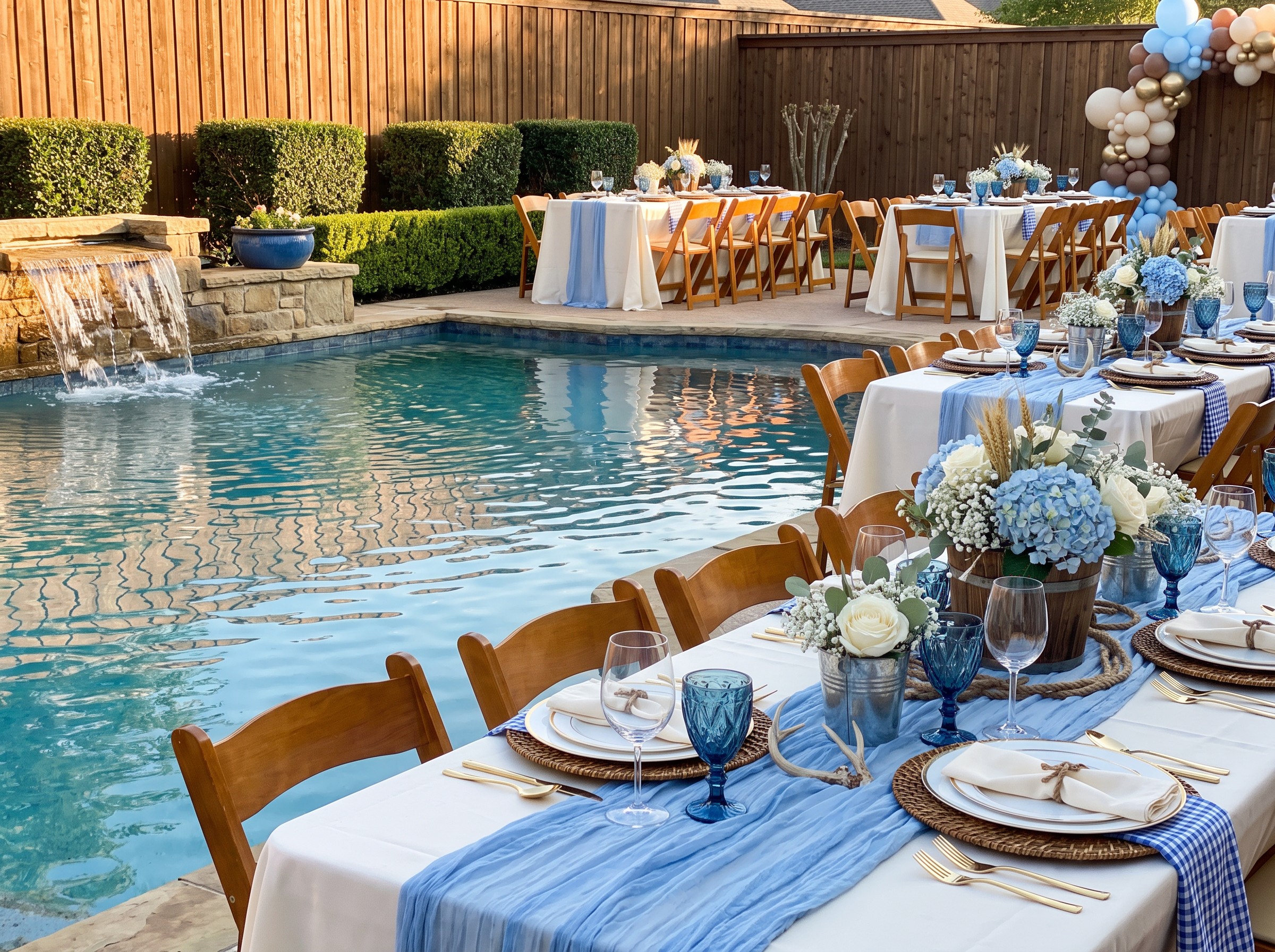Event photo from Oh Baby! Country Western Baby Shower by Poppin Social: TABLE 03 Country Western Poolside Waterfall View.
