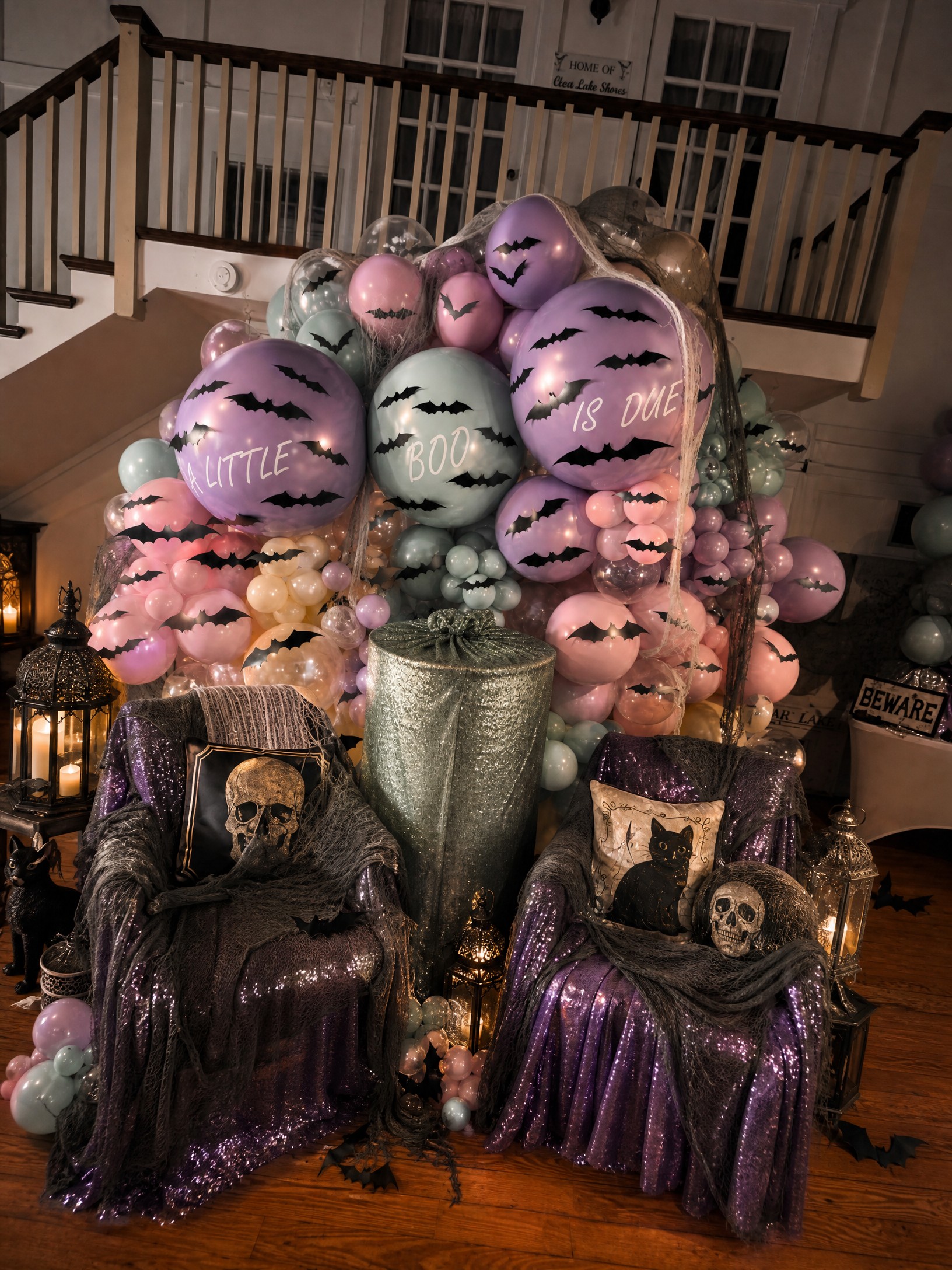 Event photo from A Little Boo Is Due Baby Shower by Poppin Social: 01 Halloween Baby Shower Chairs Embellished.