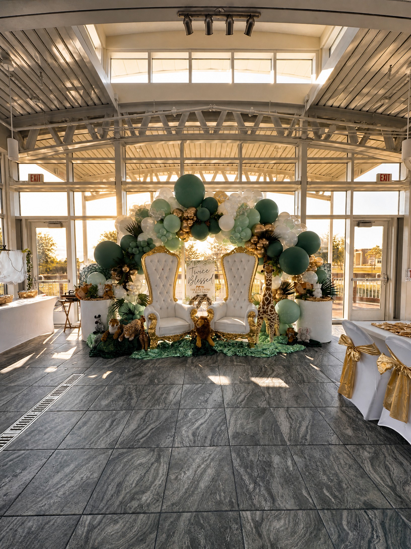 Event photo from Wildly Loved Twin Baby Shower by Poppin Social: 03 Safari Full Balloon Golden Hour Room View.
