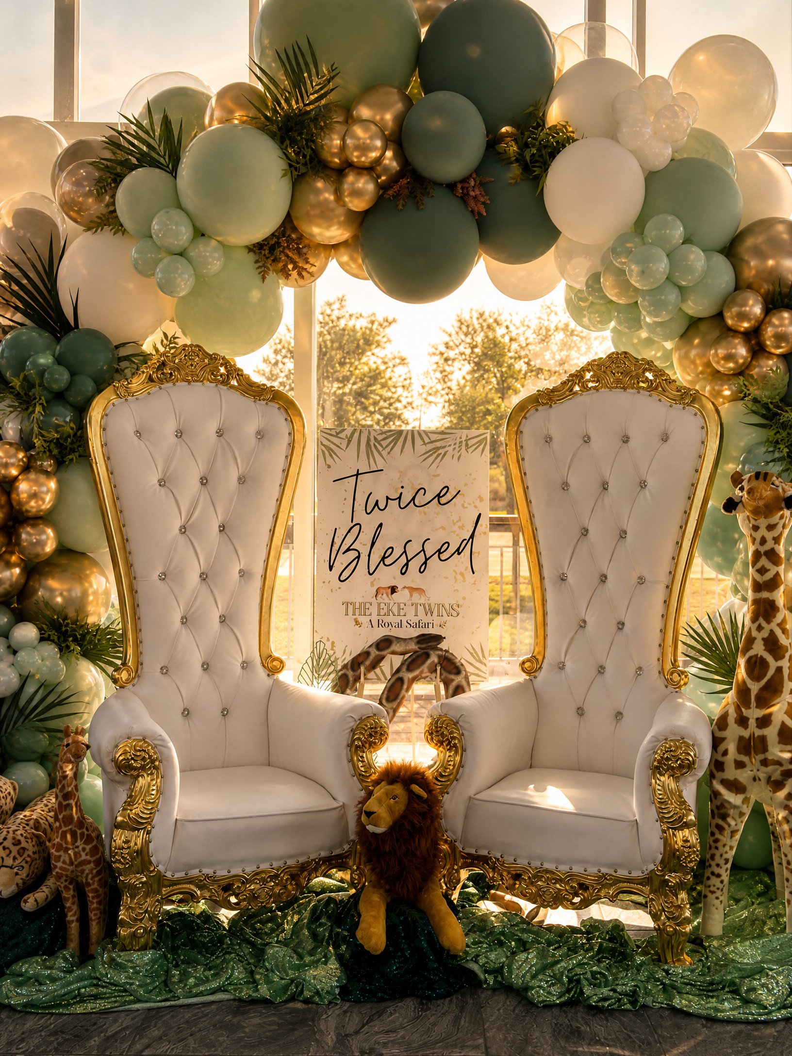 Event photo from Wildly Loved Twin Baby Shower by Poppin Social: 04 Safari Full Balloon Golden Hour Throne Detail.